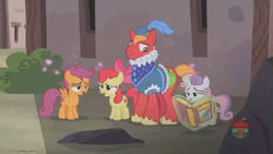 Size: 1031x582 | Tagged: safe, screencap, apple bloom, big macintosh, scootaloo, sweetie belle, pony, hard to say anything, clothes, costume, cutie mark crusaders, dressup, heart, prince outfit, ruff (clothing)