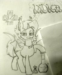 Size: 1504x1825 | Tagged: safe, artist:halcyon noctem, derpibooru import, oc, oc only, oc:indica, alicorn, bat pony, bat pony alicorn, pony, :3, bong, drugs, ear piercing, earring, female, high, jewelry, lidded eyes, looking at you, mare, marijuana, piercing, sketch, sketch dump, smiling, smirk, solo, spread wings, traditional art, wings