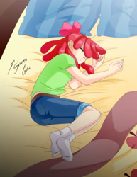 Size: 2152x2787 | Tagged: safe, artist:shinta-girl, derpibooru import, apple bloom, equestria girls, ass, bed, blanket, bow, clothes, commission, cute, eyes closed, female, human coloration, pillow, short pants, sleeping, socks, solo