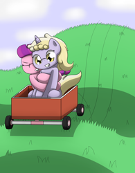 Size: 2500x3200 | Tagged: safe, artist:pvryohei, derpibooru import, dinky hooves, lily longsocks, earth pony, pony, unicorn, detailed background, duo female, eyes closed, female, females only, filly, hug, scared, smiling, wagon