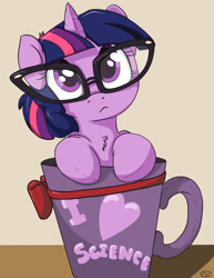 Size: 1911x2480 | Tagged: safe, artist:mistydash, sci-twi, twilight sparkle, pony, adorkable, alternate hairstyle, coffee mug, cup, cup of pony, cute, dork, fluffy, glasses, heart, looking at you, micro, mug, ponified, solo, twiabetes, wavy mouth
