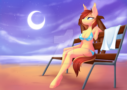 Size: 1024x723 | Tagged: safe, artist:scarlet-spectrum, derpibooru import, oc, oc only, oc:silver veil, anthro, bat pony, unguligrade anthro, anthro oc, bat pony oc, bat wings, beach, bench, bikini, breasts, cleavage, clothes, cloud, commission, crescent moon, digital art, ear fluff, female, fluffy, mare, moon, sand, shoulder fluff, sitting, sky, smiling, solo, swimsuit, transparent moon, watermark