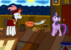 Size: 2000x1414 | Tagged: safe, artist:katya, derpibooru import, chancellor neighsay, twilight sparkle, twilight sparkle (alicorn), alicorn, chair, chest, pirate ship, rope, sun, wat