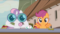 Size: 1920x1080 | Tagged: safe, screencap, scootaloo, sweetie belle, pony, hard to say anything, binoculars, discovery family logo, looking at you, our town