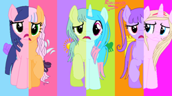 Size: 750x421 | Tagged: safe, artist:rosesweety, derpibooru import, pony, astoria rapunzel, cutie mark swap, joy lefrog, lingling ironfan, lori robin hood, ponified, regal academy, rose cinderella, what my cutie mark is telling me