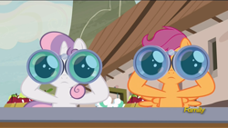 Size: 1920x1080 | Tagged: safe, edit, edited screencap, screencap, scootaloo, sweetie belle, pony, hard to say anything, binoculars, discovery family logo