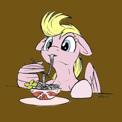 Size: 1946x1946 | Tagged: safe, artist:tsitra360, derpibooru import, oc, oc only, oc:lucky doo, pegasus, pony, bowl, brown background, chopsticks, femboy, floppy ears, food, girly, male, noodles, simple background, solo, wing hands, wings