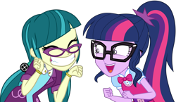 Size: 5158x3000 | Tagged: safe, artist:uponia, juniper montage, sci-twi, twilight sparkle, equestria girls, movie magic, spoiler:eqg specials, ^^, absurd resolution, clothes, cute, cute little fangs, eyes closed, faic, fangirl, fangs, female, glasses, grin, happy, junibetes, open mouth, pigtails, ponytail, simple background, smiling, squee, transparent background, twiabetes, vector