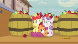 Size: 1920x1080 | Tagged: safe, screencap, apple bloom, scootaloo, sweetie belle, pony, hard to say anything, apple, barrel, behaving like apples, cutie mark, cutie mark crusaders, discovery family logo, female, filly, food, the cmc's cutie marks