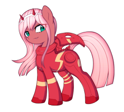 Size: 2500x2250 | Tagged: safe, artist:kas92, derpibooru import, earth pony, pony, bodysuit, darling in the franxx, devil horns, fangs, female, headband, horns, lidded eyes, looking at you, mare, ponified, simple background, smiling, smirk, solo, transparent background, windswept mane, zero two (darling in the franxx)