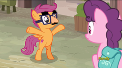 Size: 1920x1080 | Tagged: safe, screencap, scootaloo, sugar belle, pony, hard to say anything, bipedal, cutie mark, discovery family logo, female, filly, glasses, groucho mask, shimmering spectacles, the cmc's cutie marks