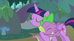 Size: 1920x1080 | Tagged: safe, derpibooru import, screencap, spike, twilight sparkle, twilight sparkle (alicorn), alicorn, dragon, molt down, affection, best friends, bond, cute, hug, love, mushroom, spikelove, winged spike