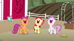 Size: 838x464 | Tagged: safe, screencap, apple bloom, scootaloo, sweetie belle, pony, hard to say anything, cutie mark, cutie mark crusaders, discovery family logo, female, filly, laughing, nose in the air, open mouth, sweet apple acres, the cmc's cutie marks, volumetric mouth