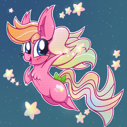 Size: 1100x1100 | Tagged: safe, artist:dragonpone, derpibooru exclusive, earth pony, pony, g1, blushing, bow, chest fluff, ear fluff, female, g1 to g4, generation leap, mare, open mouth, raindrop, smiling, solo, stars, tail bow