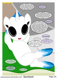 Size: 3840x5280 | Tagged: safe, artist:waveywaves, derpibooru import, oc, oc only, oc:clockwork, oc:joule, pony, robot, robot pony, comic:sentient, comic, crossed legs, speech bubble