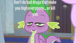 Size: 1280x720 | Tagged: safe, derpibooru import, edit, edited screencap, screencap, spike, dragon, a matter of principals, caption, high as fuck, male, poor grammar, text, winged spike, wings