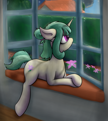 Size: 1024x1142 | Tagged: safe, artist:deerdraw, derpibooru import, oc, oc:lilia, pony, unicorn, female, flower, hair bun, hedge, looking up, lying down, solo, wall, window