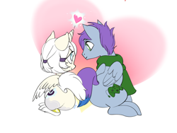 Size: 1600x1200 | Tagged: safe, artist:crazyazzy180, derpibooru import, oc, oc only, oc:glamis, oc:raincloud drizzle, alicorn, pegasus, pony, abstract background, alicorn oc, clothes, heart, looking at each other, oc x oc, scarf, shipping, ych result