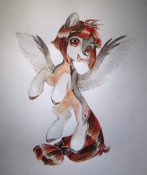 Size: 909x1080 | Tagged: safe, artist:aphphphphp, oc, oc only, pegasus, pony, female, flying, mare, open mouth, pale belly, solo, traditional art, unshorn fetlocks, watercolor painting