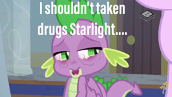 Size: 1280x720 | Tagged: safe, derpibooru import, edit, edited screencap, screencap, spike, dragon, a matter of principals, caption, high as fuck, male, solo, text, winged spike, wings