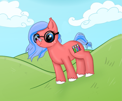 Size: 763x632 | Tagged: safe, artist:flickswitch, derpibooru import, oc, oc:flickswitch, dragonfly, earth pony, pony, cloud, cute, female, freckles, glasses, grass, innocent, mare, ponysona, sky, smiling, solo