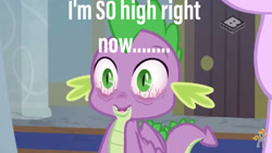 Size: 1280x720 | Tagged: safe, derpibooru import, edit, edited screencap, screencap, spike, dragon, a matter of principals, caption, cocaine is a hell of a drug, door, high as fuck, male, solo, text, winged spike, wings