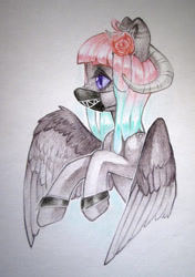 Size: 762x1080 | Tagged: safe, artist:aphphphphp, oc, oc only, pegasus, pony, bracelet, bust, female, flower, flower in hair, jewelry, mare, mask, ram horns, solo, spread wings, traditional art, watercolor painting, wings