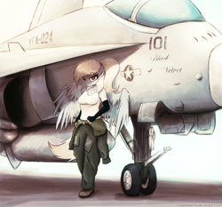 Size: 2535x2366 | Tagged: safe, artist:vulpessentia, derpibooru import, oc, oc only, oc:cirrus skybreaker, anthro, pegasus, clothes, coveralls, f/a-18 hornet, female, jet, jet fighter, looking at you, outfit, overalls, pilot, plane, shirt, shoes, smiling, smirk, solo, spread wings, standing, suit, t-shirt, unbuttoned, weapon, wings