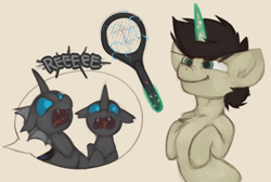 Size: 1168x785 | Tagged: safe, artist:marsminer, derpibooru import, oc, oc only, oc:keith, changeling, pony, bug zapper, bugs doing bug things, cream background, floppy ears, flyswatter, frown, glare, levitation, magic, nose wrinkle, open mouth, rearing, reeee, scared, screaming, simple background, smiling, smirk, telekinesis, this will end in pain, tongue out, wide eyes