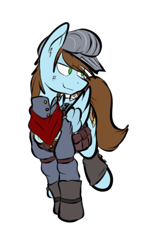 Size: 332x549 | Tagged: safe, artist:cantershirecommons, derpibooru import, oc, oc only, oc:sorren, pegasus, pony, bandana, clothes, cutie mark, dirty, goggles, hat, scuff mark, smiling, smirk, solo, standing