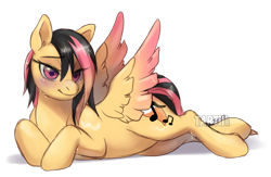 Size: 1024x667 | Tagged: safe, artist:tartii, oc, oc only, oc:foxtrot, pony, blushing, lying down, simple background, solo, wet mane