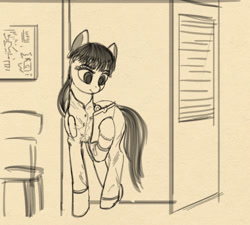 Size: 1174x1057 | Tagged: safe, artist:lunebat, pony, door, female, mare, monochrome, nurse, nurse outfit, sketch