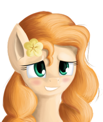 Size: 2558x3038 | Tagged: safe, artist:qbellas, derpibooru import, pear butter, pony, the perfect pear, blushing, eyelashes, female, flower, lidded eyes, mare, scene interpretation, simple background, smiling, smirk, solo, transparent background