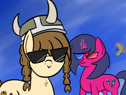 Size: 2476x1864 | Tagged: safe, artist:artiks, derpibooru import, oc, oc only, oc:fizzy pop, oc:tvælåt, earth pony, pony, unicorn, 3d glasses, braid, duo, duo female, female, helmet, horned helmet, levitation, magic, simple background, sunglasses, telekinesis, viking helmet, watergun