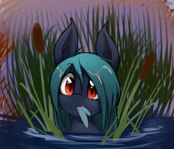 Size: 1909x1631 | Tagged: safe, artist:otakuap, derpibooru import, oc, oc only, bat pony, insect, pony, bat pony oc, cattails, eating, female, large ears, looking at you, mare, smiling, solo, this ended in death, water