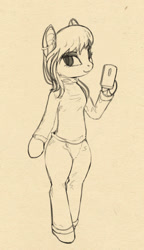 Size: 707x1229 | Tagged: safe, artist:lunebat, oc, oc only, oc:lunette, anthro, bat pony, unguligrade anthro, anthro oc, clothes, female, mare, monochrome, phone, selfie, sketch