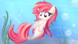 Size: 1920x1080 | Tagged: safe, artist:littleblackraencloud, derpibooru import, oc, oc only, oc:blood moon, bat pony, seapony (g4), bat pony oc, blind eye, bubble, confused, eyelashes, underwater, water