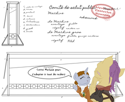 Size: 3060x2500 | Tagged: safe, artist:aaronmk, derpibooru import, oc, oc:littlepip, pony, unicorn, fallout equestria, atg 2018, clothes, dark, eyes closed, fanfic, fanfic art, female, french, guillotine, hooves, horn, mare, maximilien de robespierre, newbie artist training grounds, open mouth, raider, speech bubble, stamp, text