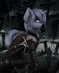 Size: 2400x3000 | Tagged: safe, artist:blvckmagic, derpibooru import, oc, oc only, oc:storm call, pony, clothes, commission, looking back, male, solo, stallion, sword, weapon