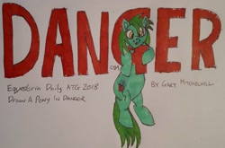 Size: 1610x1065 | Tagged: safe, artist:rapidsnap, derpibooru import, oc, oc only, oc:flyzone, atg 2018, danger, hanging, literal, newbie artist training grounds, solo, traditional art