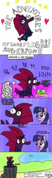 Size: 1195x4021 | Tagged: safe, artist:artiks, derpibooru import, tempest shadow, twilight sparkle, twilight sparkle (alicorn), oc, oc:mrducknosa, alicorn, pony, unicorn, comic:snarflegrr angerpone, broken horn, comic, dialogue, pond, stylistic suck, tissue, tissue box, title card, trash can