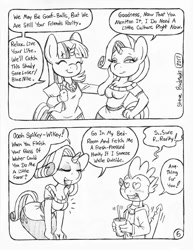 Size: 849x1100 | Tagged: safe, artist:circe, derpibooru import, rarity, spike, twilight sparkle, anthro, dragon, comic:soreloser, black and white, breasts, comic, grayscale, monochrome, tail, tailboner, traditional art