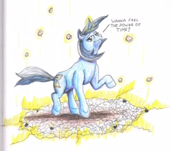 Size: 1606x1407 | Tagged: safe, artist:edhelistar, minuette, pony, unicorn, cracks, dialogue, female, floating rocks, lidded eyes, magic, mare, solo, telekinesis, time magic, traditional art