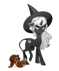 Size: 913x1100 | Tagged: safe, artist:ecca, derpibooru import, oc, oc only, oc:salem cuisine, pony, unicorn, female, hat, leonine tail, mare, non-animated gif, one hoof raised, pixel art, simple background, solo, transparent background, witch hat