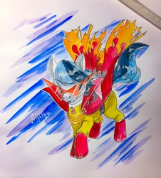 Size: 1156x1280 | Tagged: safe, artist:theorderofalisikus, derpibooru import, pony, fusion, kamina, ponified, saitama, solo, tengen toppa gurren lagann, traditional art, watercolor painting