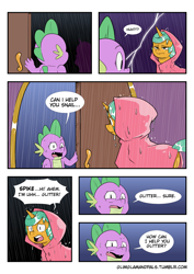 Size: 2893x4092 | Tagged: safe, artist:raph13th, derpibooru import, snails, spike, dragon, pony, unicorn, collaboration, comic:glim glam and pals, ask glitter shell, comic, crossover, glitter shell