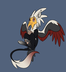 Size: 1175x1280 | Tagged: safe, artist:omegapex, derpibooru import, oc, oc only, oc:mahlra, griffon, blue background, colored wings, red eyes, simple background, solo, tail, tail feathers, talons, toe beans, vulture, vulture griffon