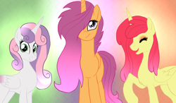 Size: 1752x1026 | Tagged: safe, artist:not-ordinary-pony, apple bloom, scootaloo, sweetie belle, alicorn, pony, adorabloom, alicornified, bloomicorn, cute, cutie mark crusaders, eyes closed, female, hair over one eye, looking at you, mare, older, race swap, red hair, scootacorn, smiling, sweetiecorn, trio