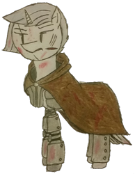 Size: 1299x1675 | Tagged: safe, artist:antique1899, derpibooru import, oc, oc only, oc:clear sky, pony, unicorn, fallout equestria, fallout equestria: 77, armor, blood, cape, cloak, clothes, female, frown, glare, mare, prosthetics, scar, simple background, solo, sword, traditional art, transparent background, weapon