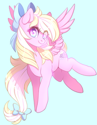 Size: 750x962 | Tagged: safe, artist:cabbage-arts, oc, oc only, oc:bay breeze, pegasus, pony, blue background, bow, female, flying, hair bow, looking at you, mare, simple background, smiling, solo, tail bow